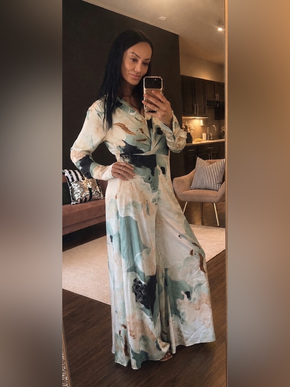 Luxxel Wide Leg Jumpsuit in Mint, Black and Cream Abstract Print